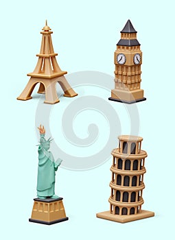 Collection of world architectural monuments in cartoon style. Colored 3D icons