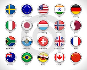 A collection of world flags badge in glossy button - vector eps10