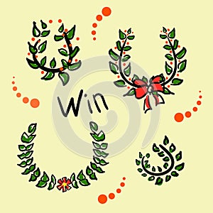 Collection Wreaths for the champion. Funny drawings in the style of a sketch. Laurel branches or olive leaves for the