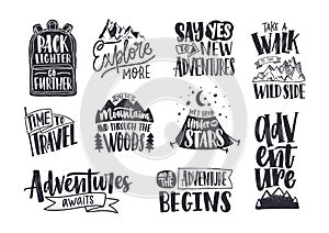 Collection of written phrases, slogans or quotes decorated with travel and adventure elements - backpack, mountain