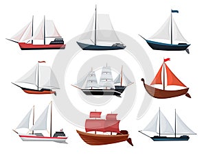 Collection of yachts, sailboats or sailing ships. Cruise travel company icons design. Vector old vessels