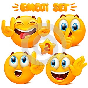 Collection of yellow emoji icons Emoticon cartoon character with different facial expressions in 3d style isolated in white