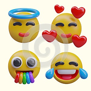 Collection with yellow emojis. Emoticons with nimbus, face with flying hearts, yawning with rainbow