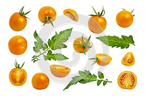 Collection of yellow orange tomatoes with green tails leaves isolated on white background. Fresh ripe Cherry tomatoes. Whole