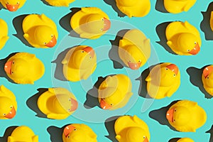 Collection of yellow rubber ducks on a blue background