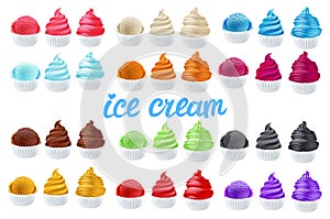 Collection of 12 yellow, white, vanilla, milk, pink, strawberry, chocolate, orange, green, blueberry, cherry, black ice cream vect