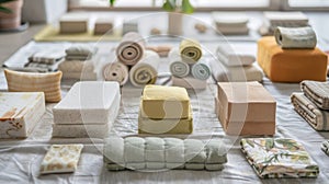 A collection of yoga props such as blocks ss and bolsters are neatly displayed on a white mat. This image promotes the