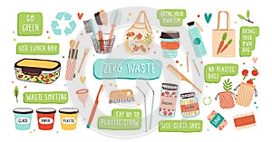 Collection of Zero Waste durable and reusable items or products - glass jars, eco grocery bags, wooden cutlery, comb photo