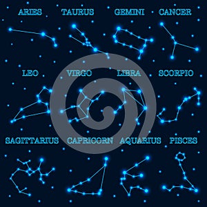 Collection of 12 zodiac constellations on space and stars background.