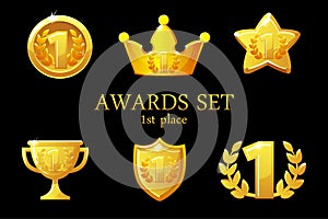 Collections Awards trophy. Golden awards icons set, 1st place winner badge, trophy cup prize, win rewards, success crown