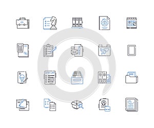 Collections and logs line icons collection. Curate, Assemble, Amass, Archive, Catalogue, Inventory, Organize vector and