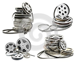 Collections old film strip in metal bobbins isolated on white. Various angles