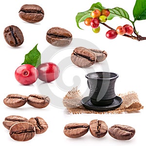 Collections of roasted and red coffee beans