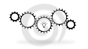 Collective idea concept. Cogwheels mechanism turning over white background while a bulb lighting up inside one of the