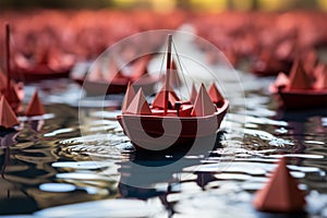 Collective journey Red leader boat guides paper boats on map, illustrating teamworks success