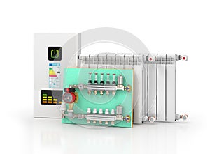 Collector, manifold, heating system for underfloor heating.