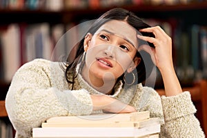 College, anxiety and girl with books at campus library overwhelmed by deadline, mistake and burnout. University, stress