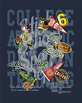 College athletic department sporting team badges collection