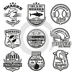 College athletic vector labels, logos, badges and emblems set. T-shirt design