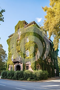 college campus building with ivy-covered walls