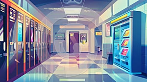 College campus hallway cartoon 2d graphics for game, modern illustration with lockers, vending machines, schedule