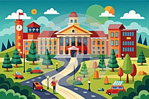 A college campus with a large building, surrounded by trees, and a road passing by, College campus Customizable Cartoon photo