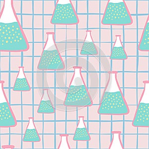 College chemical seamless random pattern with blue medicine flask ornament. Light pink chequered background