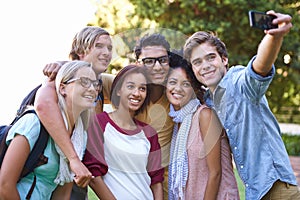 College, diversity and selfie in the park with friends on campus together and students with happiness. University