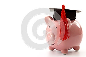 College education costs, tuition financial aid, university graduate economic cost concept theme with close up on piggy bank