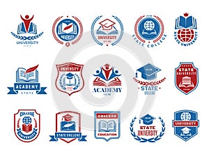 College emblem. School or university badges and labels vector logotype collection