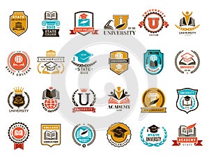 College emblem. School or university identity symbols badges and logo vector collection