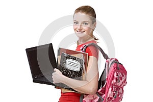 College female student girl with laptop, backpack