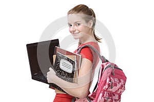 College female student girl with laptop, backpack