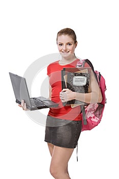 College female student girl with laptop, backpack