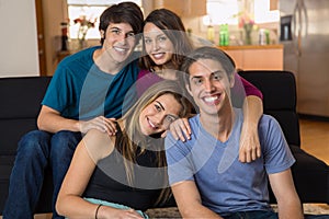 College friends gathered in group affection love and couples date night buddies