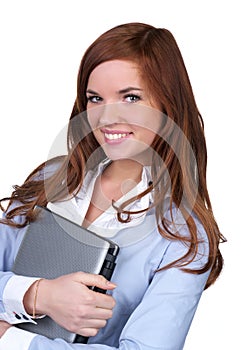 College girl carrying a laptop