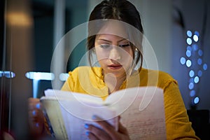 College Girl Student Preparing Exam At Night