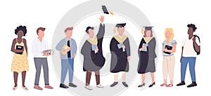 College graduates and freshman students flat color vector faceless characters set photo