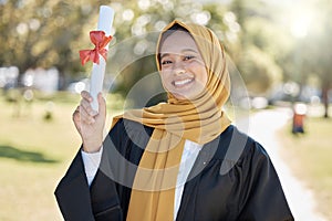 College graduation portrait of muslim woman with education certificate, learning success and university achievement