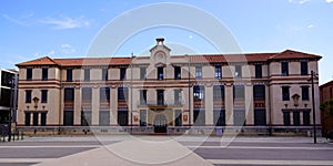 College Jean Moulin in perpignan city large facade with french text liberty equality fraternity secularism solidarity on facade photo