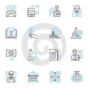 College level linear icons set. Academia, Curriculum, Exams, Lectures, Professors, Dormitory, Research line vector and photo
