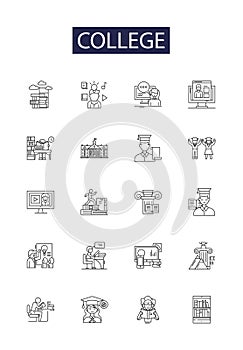 College line vector icons and signs. universities, education, learning, degree, degree-granting, campus, matriculate