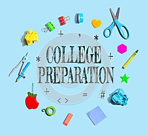 College Preparation theme with school supplies - flat lay