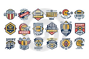 College rugby team logo design set, sport retro emblem, label, badge vector illustrations