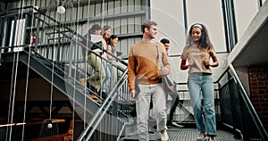 College, steps and students walking with conversation, planning or classroom subject discussion. University, stairs and