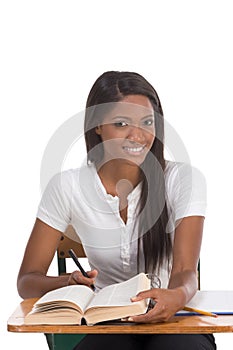 College student African American woman by desk