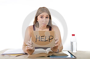College student girl studying for university exam worried in stress asking for help