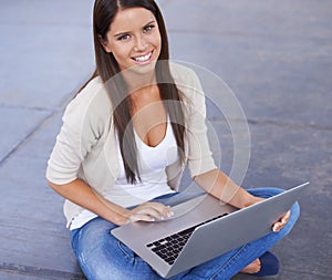 College student, portrait and woman outdoor with laptop, research project and studying for education. University, person