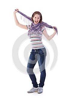 College student posing with scarf smiling