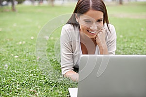 College student, studying and woman with laptop in park on campus with research, project and education. University